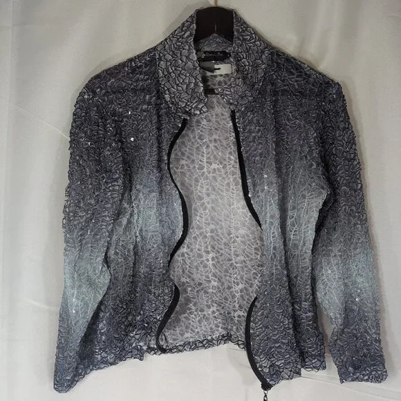 Damee Inc Jacket M Medium Women's Mesh Sequin Blue Gray Collar Sheer 3/4 Sleeve - Picture 1 of 10